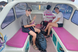 Morning Island Escape: Valentin’s Private Speedboat Adventure from Teluk Nare to Gili Trawangan with Backpacks in Tow
