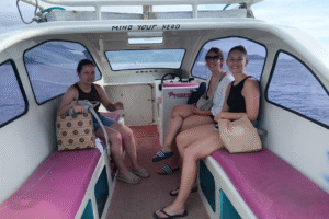 Early Morning Adventure: Julia, Selina, and Jana’s Private Car & Speedboat Ride from Senggigi to Gili Air for a Day of Island Fun